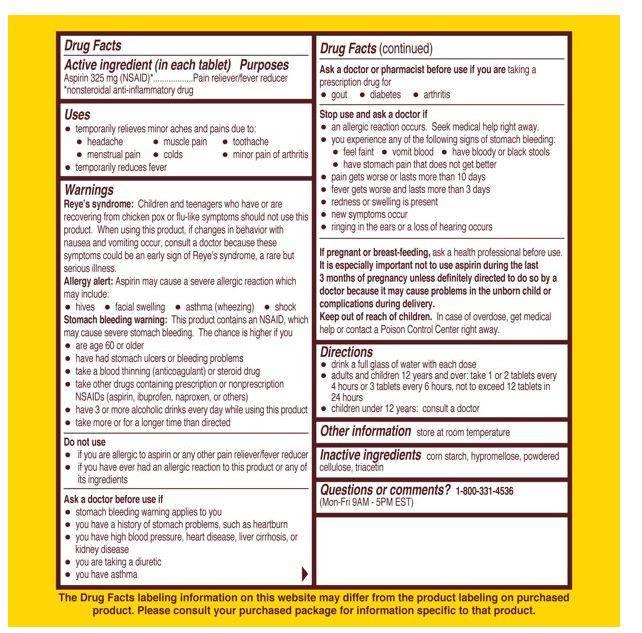 Bayer Alivio del dolor de aspirina 325 mg - 500 Tabletas