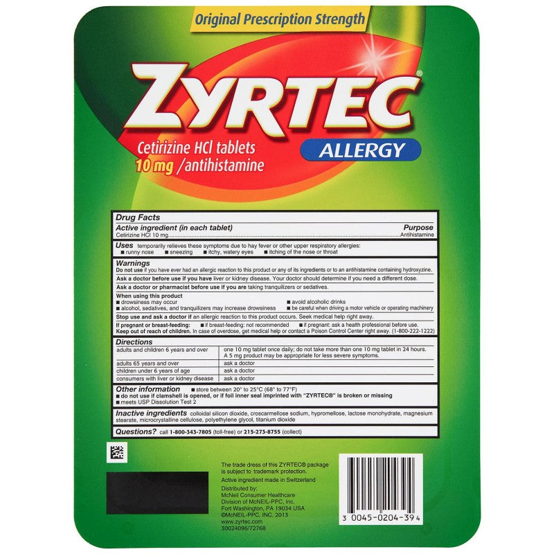 ZYRTEC TABLETAS CON EL INGREDIENTE ACTIVO CETIRIZINA HCL 10 mg.