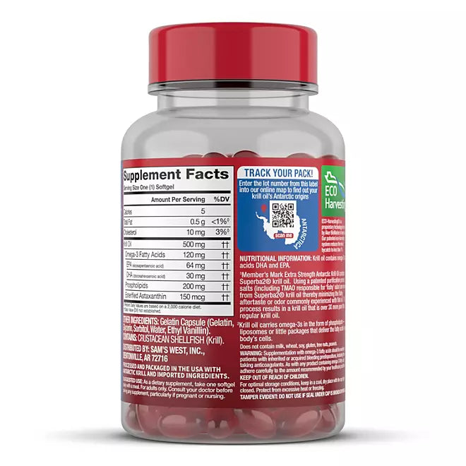Krill Oil 500mg. Member's Mark Extra Fuerte 160 Capsulas de Gel