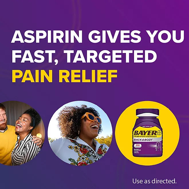 Bayer Back and Body Pain Reliever Aspirin con cafeína, 500mg, 250 ct.