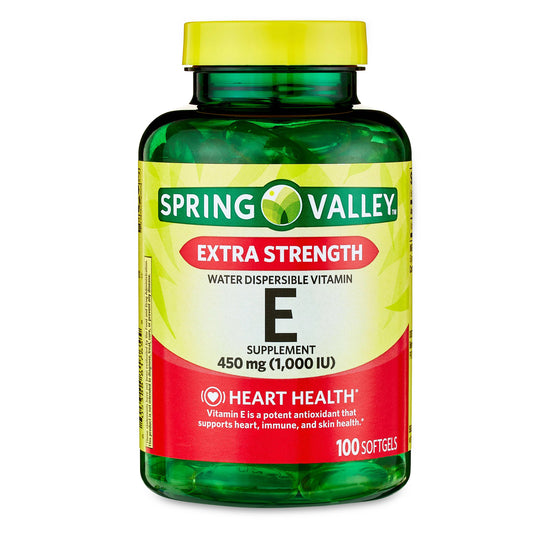 Vitamina E  Spring Valley 450 mg extra Fuerte (1,000 IU) 100 cápsulas- Disolvible en agua.