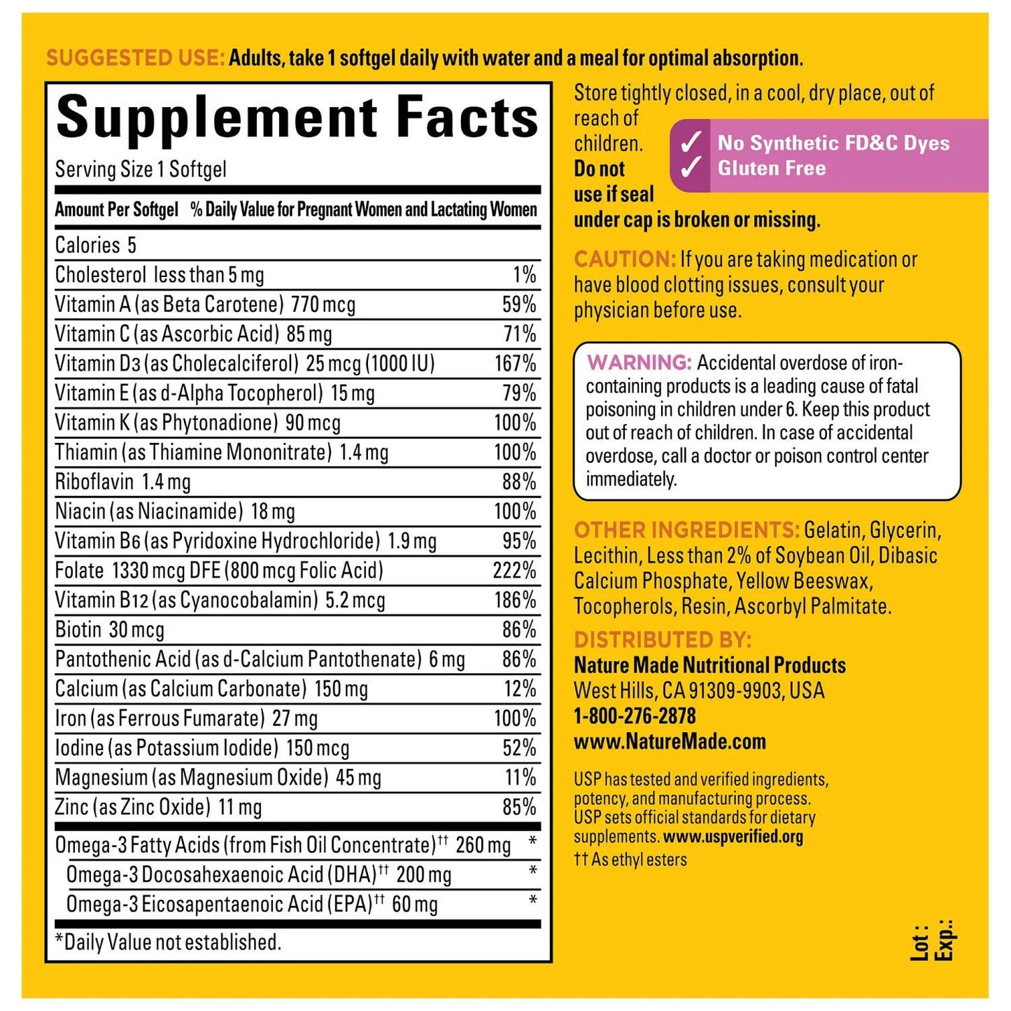 Nature Made Multivitamínico Prenatal con Ácido Fólico  + DHA  150 Capsulas de Gel.