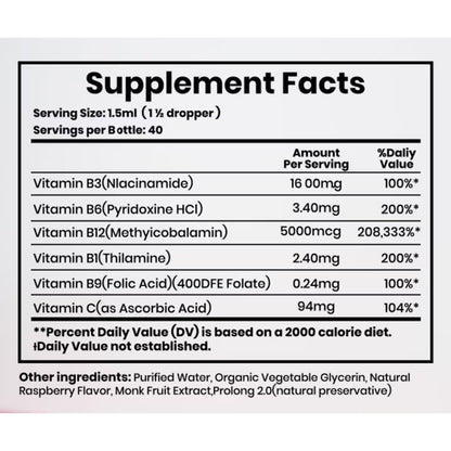 Gotas de suplemento líquido de vitamina B12 con sabor a frambuesa, con B6, B1, niacina y ácido fólico, 60ml