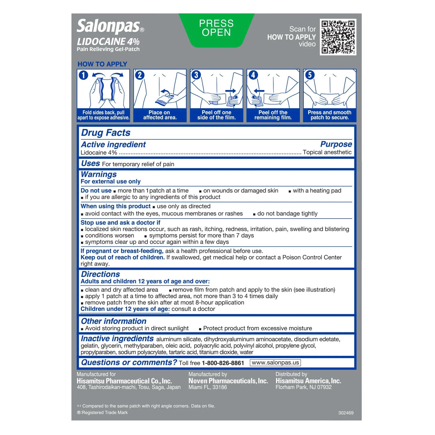Parches de gel Salonpas con lidocaína al 4% para aliviar el dolor, máxima potencia, 30 unidades.