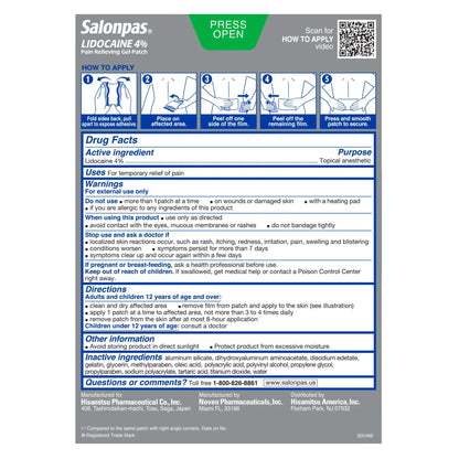 Parches de gel Salonpas con lidocaína al 4% para aliviar el dolor, máxima potencia, 30 unidades.