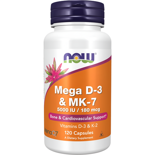 NOW Suplementos, Mega D-3 y MK-7, 5000 UI/180 mcg, apoyo óseo y cardiovascular*, vitaminas K-3 y K-2, 120 cápsulas