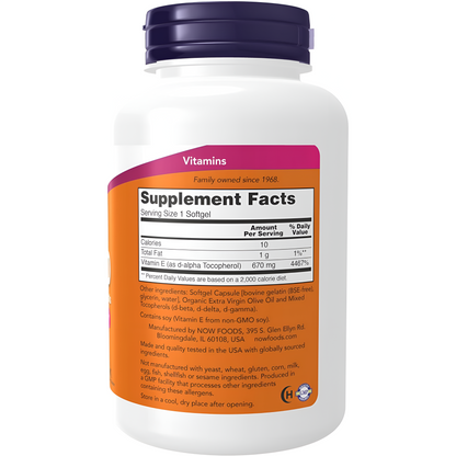 NOW Suplementos, Vitamina E-1,000 UI Tocoferoles Mixtos, Protección Antioxidante*, 100 Cápsulas Blandas