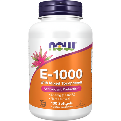 NOW Suplementos, Vitamina E-1,000 UI Tocoferoles Mixtos, Protección Antioxidante*, 100 Cápsulas Blandas