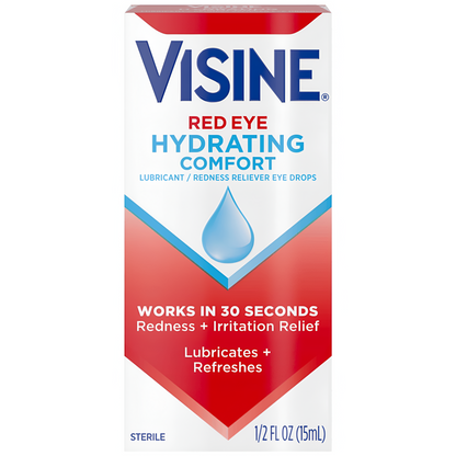 Visine Red Eye Hydrating Comfort Alivio del enrojecimiento y gotas lubricantes para ayudar a hidratar y aliviar los ojos rojos debido a irritaciones menores de los ojos Rápido, Tetrahidrozolina HCl, 0.5 fl. oz