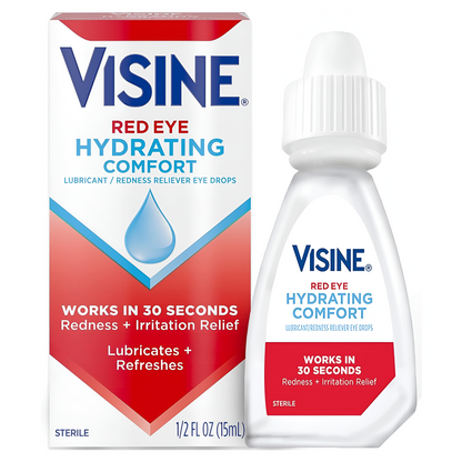 Visine Red Eye Hydrating Comfort Alivio del enrojecimiento y gotas lubricantes para ayudar a hidratar los ojos rojos, Tetrahidrozolina HCl, 15ml