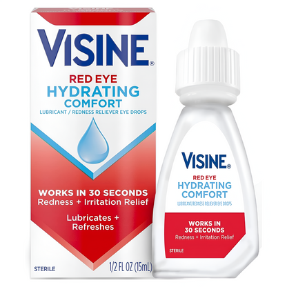 Visine Red Eye Hydrating Comfort Alivio del enrojecimiento y gotas lubricantes para ayudar a hidratar y aliviar los ojos rojos debido a irritaciones menores de los ojos Rápido, Tetrahidrozolina HCl, 0.5 fl. oz