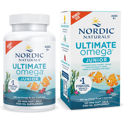 Nordic Naturals Ultimate Omega Junior - Ayuda a tener un corazón y cerebro saludables y mejora el estado de ánimo de niños en desarrollo, sabor fresa 120 mini softgel