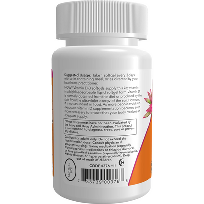 NOW Suplementos, vitamina D-3 10,000 UI - 120 cápsulas blandas