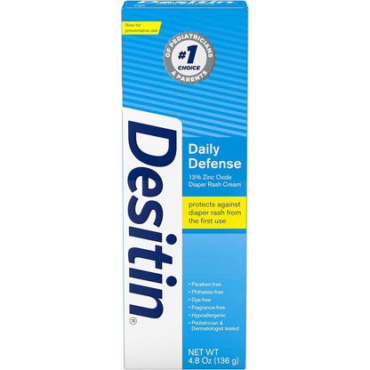 Desitin Daily Defense - Crema antidermatitis para pañales con óxido de zinc para tratar, aliviar y prevenir la dermatitis del pañal, hipoalergénica, sin colorantes, ftalatos ni parabenos, 4.8 onzas