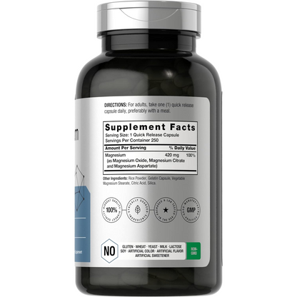 Horbaach - Complejo triple de magnesio | 420 mg | 250 cápsulas - Suplemento dietético de óxido de magnesio, citrato y aspartato