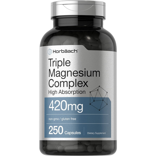 Horbaach - Complejo triple de magnesio | 420 mg | 250 cápsulas - Suplemento dietético de óxido de magnesio, citrato y aspartato