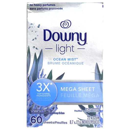 Downy Hojas de secado Mega ligeras, hojas de secadora suavizantes de tela, niebla oceánica- 60 sheets