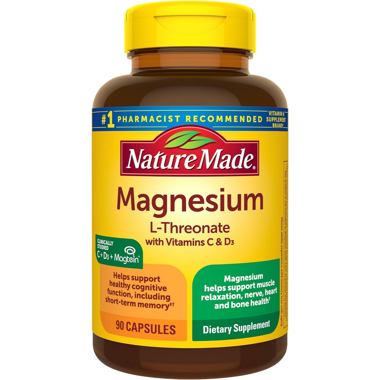 Nature Made L-treonato de magnesio con vitamina C y vitamina D3, proporciona 130 mg de magnesio de 1800 mg de treonato de magnesio L, suplemento de magnesio de apoyo cognitivo, 90 cápsulas