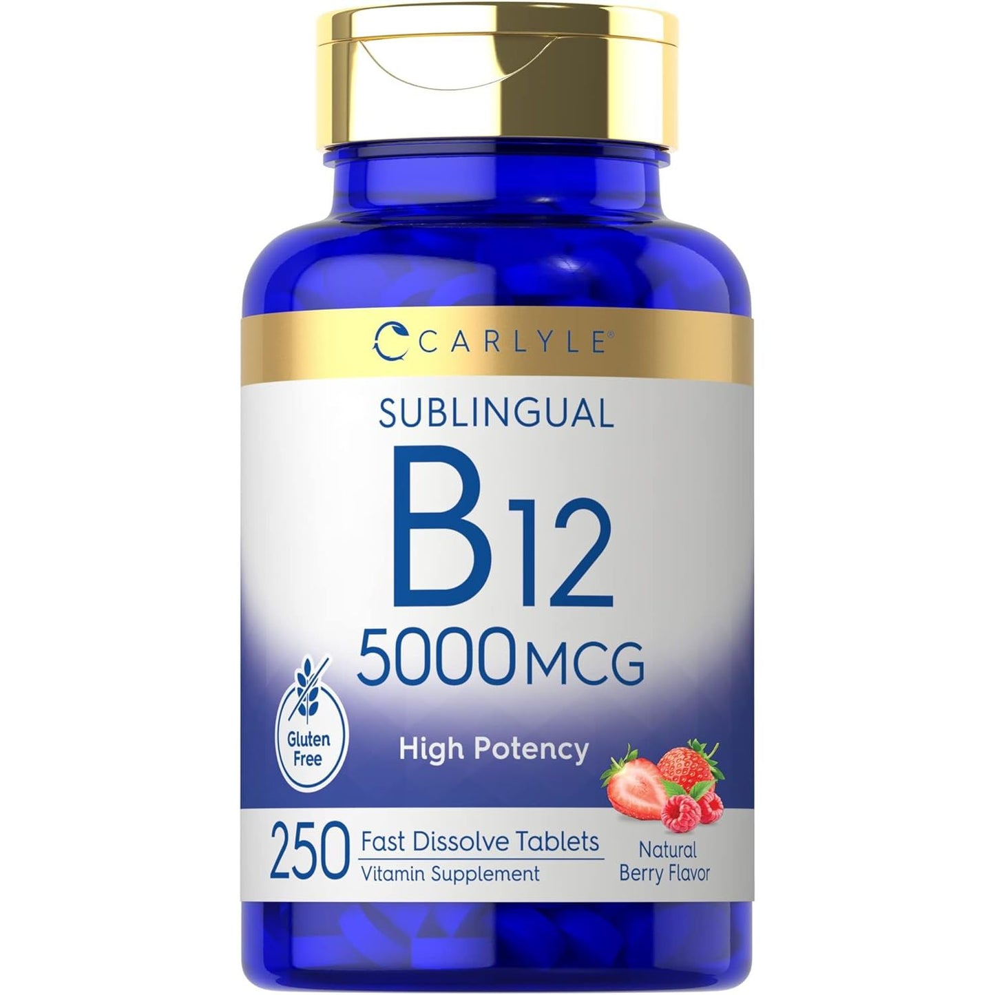 Carlyle Vitamina B12 5000mcg | 250 tabletas de disolución rápida | Sabor natural de bayas | Vegetariano, sin OMG, sin gluten