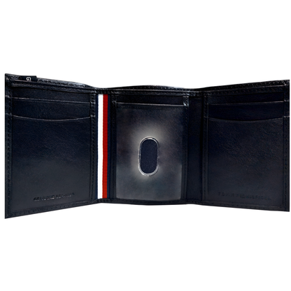 Billetera Tommy Hilfiger negro tres pliegues, con placa en forma de escudo