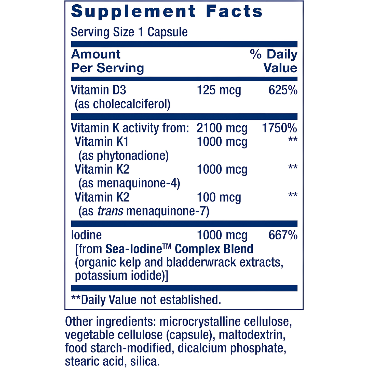 Life Extension Vitaminas D y K con Yodo marino 60 Cápsulas.