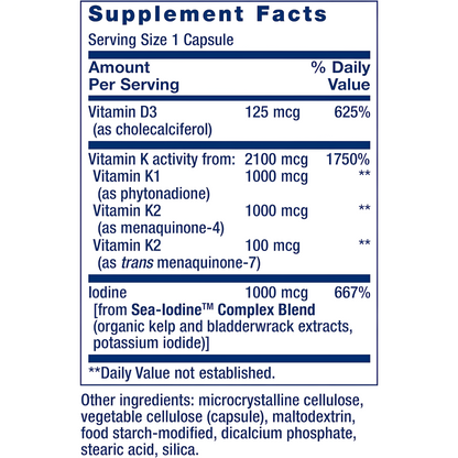 Life Extension Vitaminas D y K con Yodo marino 60 Cápsulas.