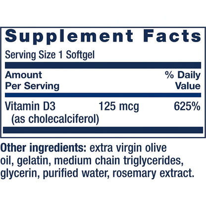 Vitamina D3 125mcg(5000IU) , 60 capsulas - Life Extension