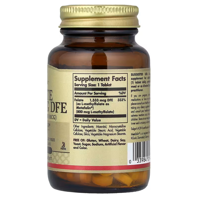 Solgar, Tabletas de folato 1,333 MCG DFE (Metafolin® 800 mcg) - 100 unidades