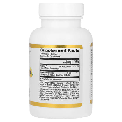 California Gold Nutrition, Sunflower Vitamin E con Tocoferoles mixtos 268mg,400 UI, 90 Cápsulas de gel.