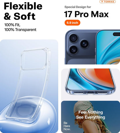 Funda TORRAS para iPhone 17 Pro Max Protección de Grado Militar, Transparente Anti-Arañazos Borde Suave para iPhone 17 Pro Max, Transparente 6.9".