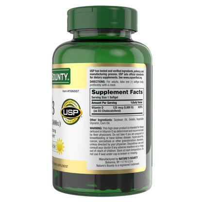 Natures Bounty - Vitamina D3 125mcg(5000IU), cápsulas blandas de liberación rápida
