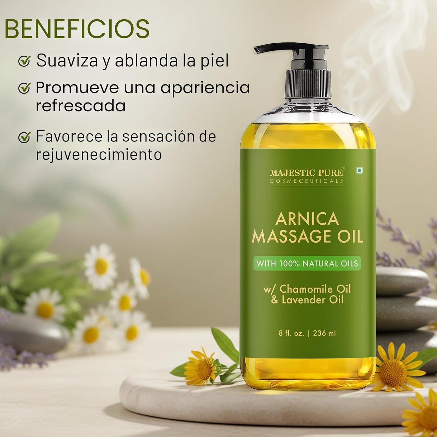 MAJESTIC PURE Aceite de masaje muscular puro de árnica para terapia de masaje, manzanilla - 236ml