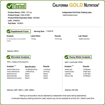 California Gold Nutrition NMN 175 mg 60 cápsulas vegetales