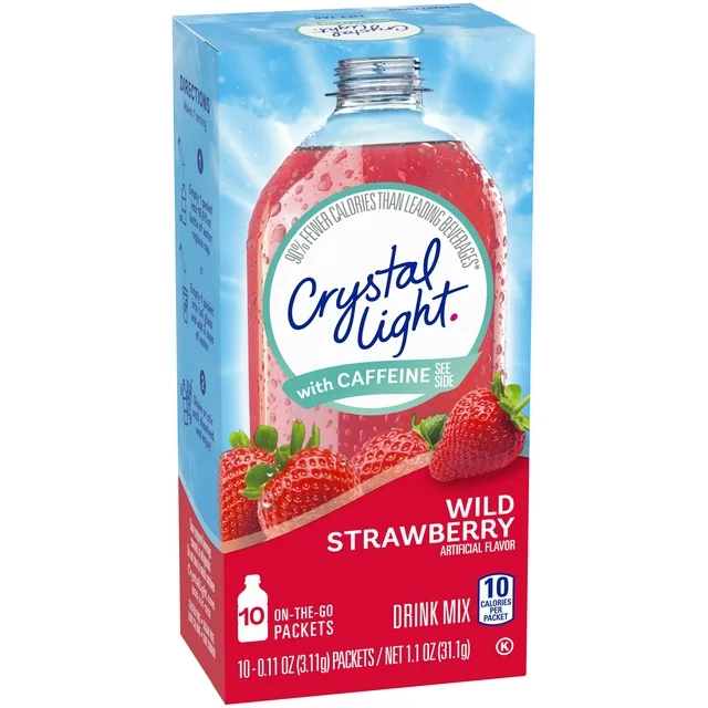 Bebida Crystal Light Fresa Sin Azúcar Mezcla de Singles con Cafeína, 10 ct On-the-Go-Packets 31.1gr