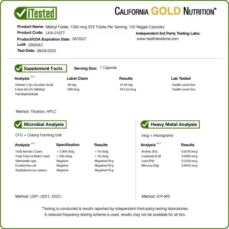 California Gold Nutrition, metilfolato y vitamina C, 120 Cápsulas.