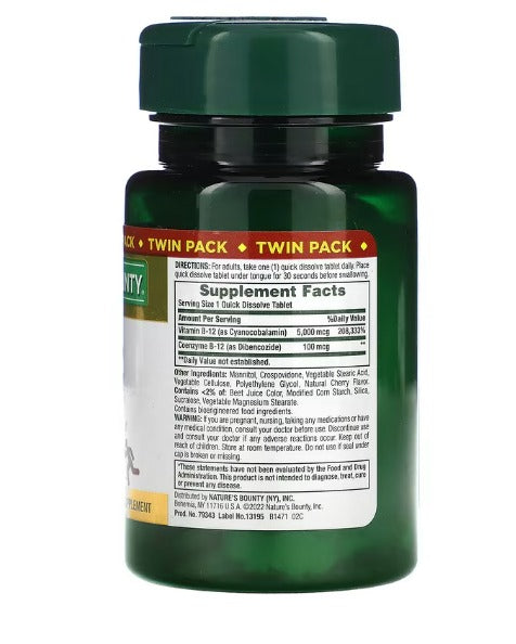 Nature's Bounty Vitamina B12 5000 mcg, 40 Tabletas de Disolucion rapida Sublinguales.