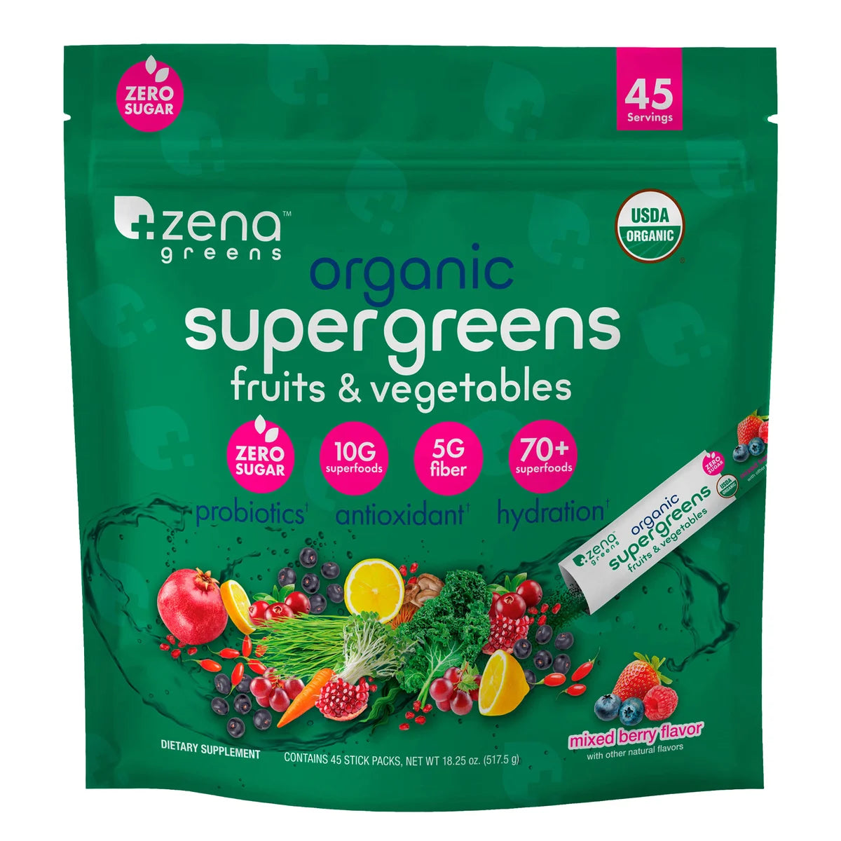Zena Organic Super Greens Powder, 45 Paquetes