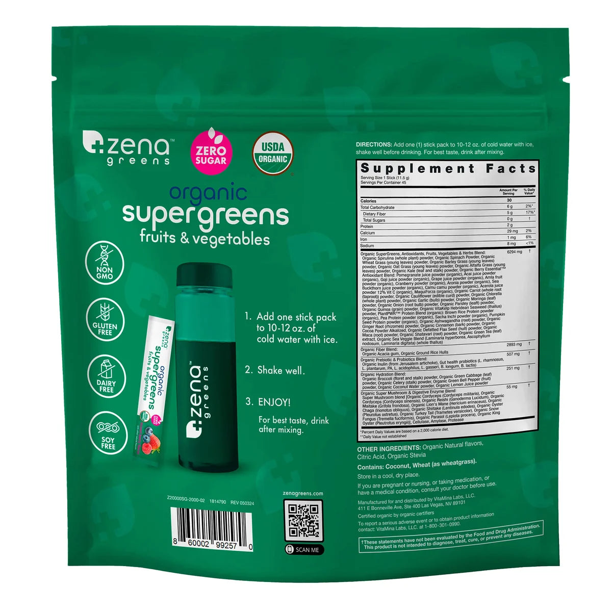 Zena Organic Super Greens Powder, 45 Paquetes
