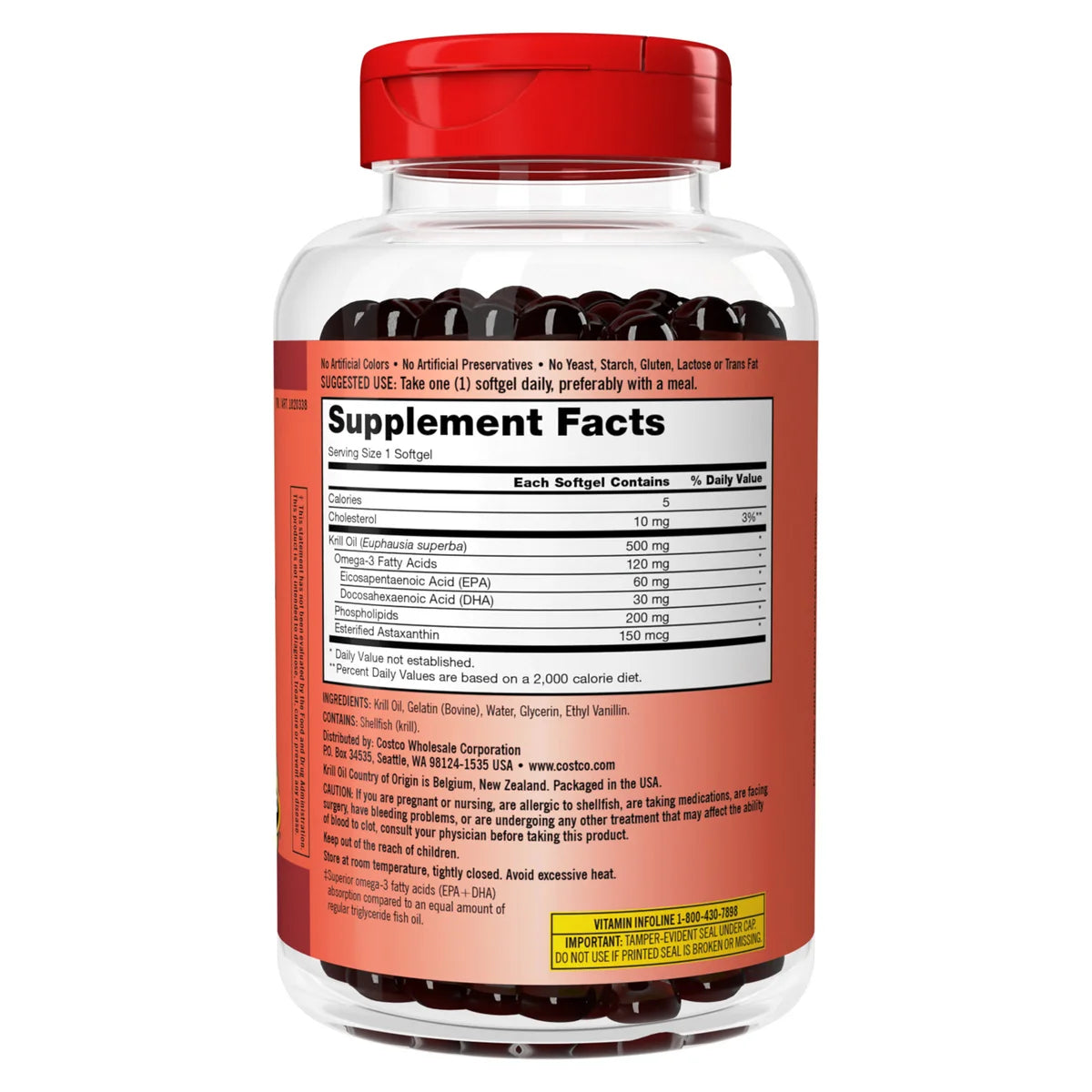 ACEITE OMEGA 3 KRILL OIL 500 mg. + Astaxanthin  - Kirkland 180 Capsulas
