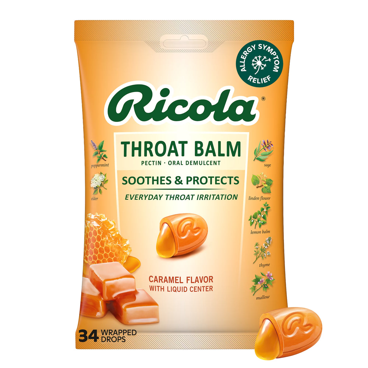Ricola Throat Balm - Pastillas para la garganta sabor caramelo y hierbas con pectina, 34 unidades