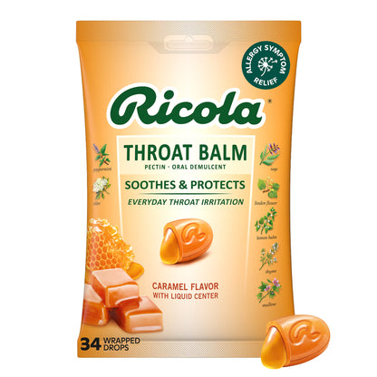 Ricola Throat Balm - Pastillas para la garganta sabor caramelo y hierbas con pectina, 34 unidades