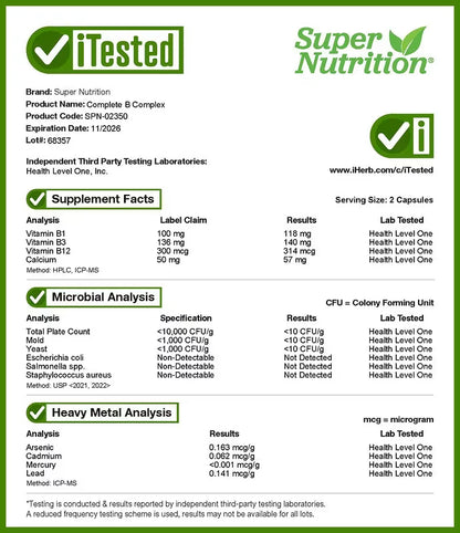 Super Nutrition, Complete B Complex with L-Methylfolate, Biotin, Pantothenic Acid, Niacin and Vitamin B12, 180 Capsulas