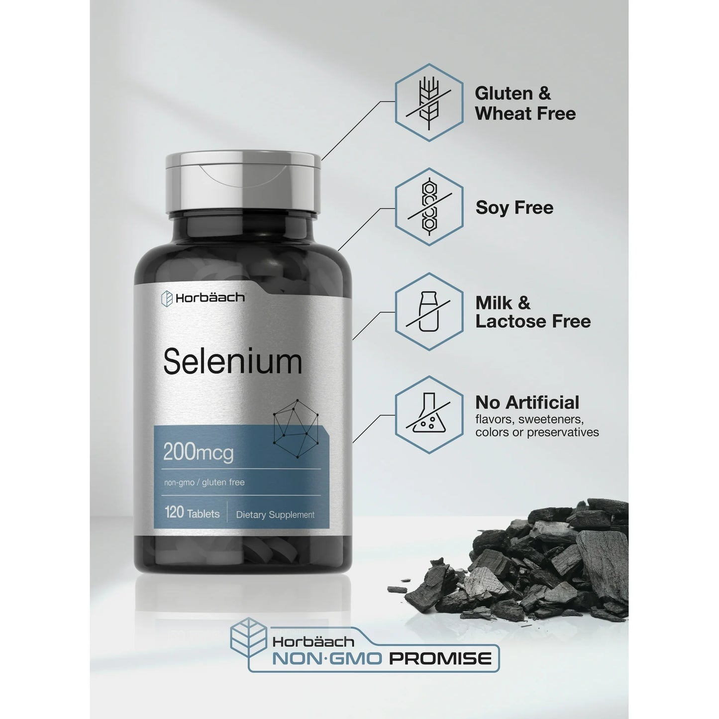 Horbäach Suplemento de selenio de 200 mcg para mujeres y hombres | 120 tabletas | Sin OMG y sin gluten