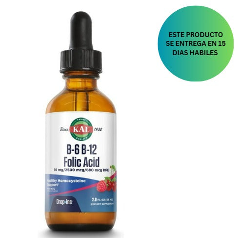 KAL Vitamina B-6 B-12 Ácido Fólico DropIns, Gotas de Suplemento Líquido de Vitamina B, 59ml
