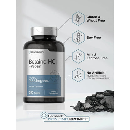 Horbäach Betaína HCl con pepsina | 1000 mg | 250 tabletas | Suplemento de clorhidrato | con raíz de jengibre | Sin OMG, sin gluten