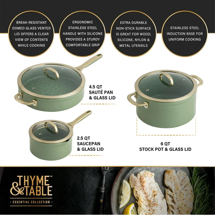 Thyme & Table Supreme Juego de ollas antiadherentes de 12 piezas  - color Oliva