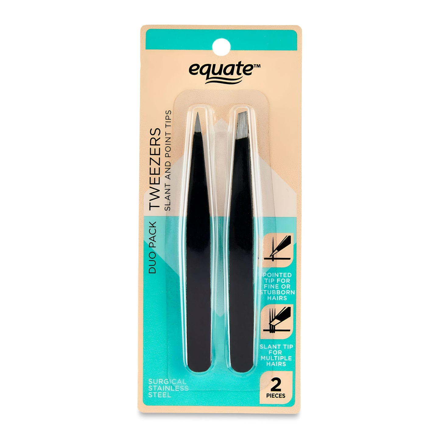 Equate Beauty Pinzas de Pinzas de Acero Inoxidable con Punta Inclinada y Puntiaguda, Pack Dúo, Unisex Adulto