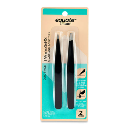 Equate Beauty Pinzas de Pinzas de Acero Inoxidable con Punta Inclinada y Puntiaguda, Pack Dúo, Unisex Adulto