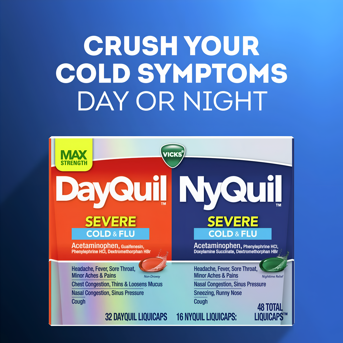 Vicks DayQuil y NyQuil Liquicaps para el resfriado severo y la gripe 72 caps (48caps dayquil + 24 caps nyquil)