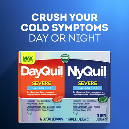 Vicks DayQuil y NyQuil Liquicaps para el resfriado severo y la gripe 72 caps (48caps dayquil + 24 caps nyquil)